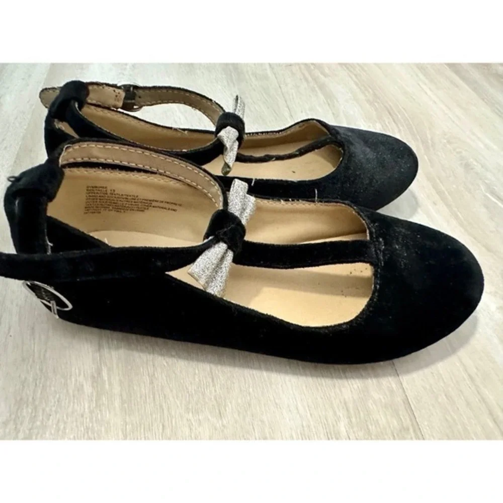 Gymboree Mary Jane Flats Girls 13 Black Good Velvet Silver‎ Glitter Bow T-Strap